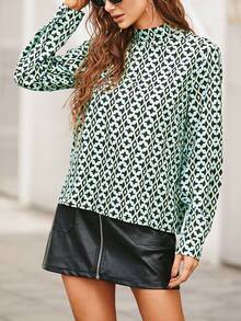 Allover Print Mock Neck Blouse - Green - View 5