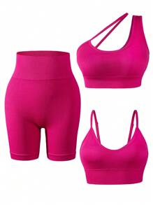 Gameset SHEIN Sport 無縫不對稱領運動套裝,兩件套裝 - 玫紅色 - 查看 6