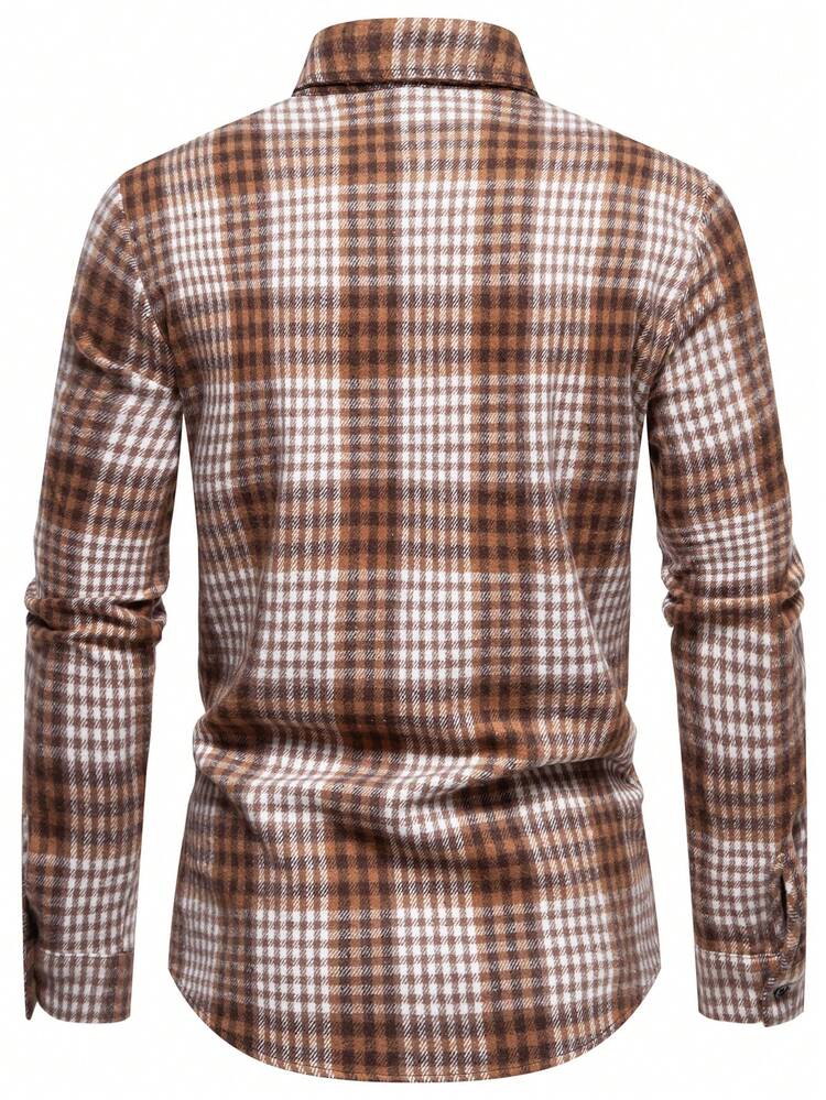 Men Plaid Print Pocket Patched Button Up Overcoat