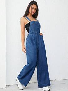 SHEIN EZwear Slant Pocket Wide Leg Denim Overalls Without Tube Top - Dark Wash - View 5