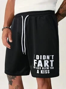 Manfinity Hypemode Men's Loose Fit Slogan Graphic Shorts With Drawstring Waist - Black - View 4