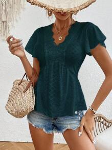 SHEIN Frenchy Áo sơ mi nữ Viên lá sen Tương phản ren Sò điệp màu trơn Boho - Màu xanh lá cây đậm - Xem 6