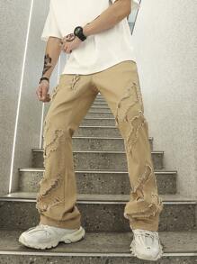 Manfinity EMRG 男士破洞抽鬚直筒牛仔褲 - 卡其色 - 查看 6