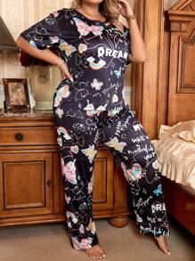 SHEIN Plus Butterfly & Letter Graphic PJ Set / Pajama Set - Multicolor - View 4