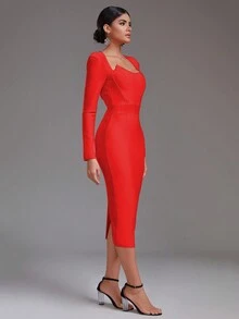 Modphy Đầm dự tiệc bodycon tay dài xẻ lưng trơn màu - Đỏ - Xem 3