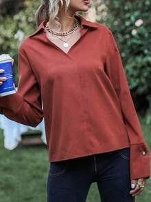 Blusas de Mujer Botón Liso Casual - Naranja Quemada - Ver 3