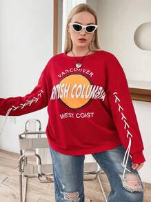 Flirla Plus Letter Graphic Drop Shoulder Sweatshirt Pullover Fall Sweatshirt - Red - View 3