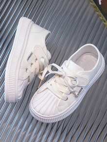 Zapatos Deportivos Para Niños, Zapatos De Lona De Moda, Tenis Casuales Para Exterior Blancos Con Cordones - Blanco - Ver 3