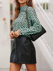 Allover Print Mock Neck Blouse - Green - View 3