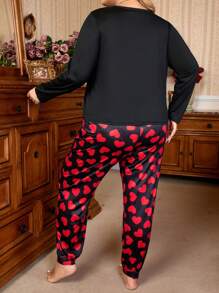 SHEIN Plus Heart & Slogan Graphic PJ Set / Pajama Set  Cozy And Elegant Details, Fall Winter Clothes Outfit - Red - View 2