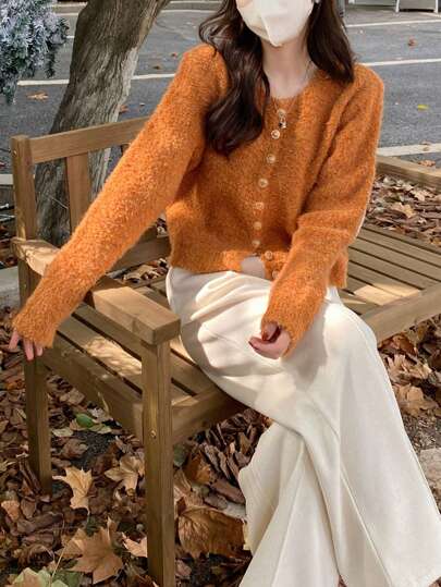 Cardigan sólido com botões, blusas de manga comprida