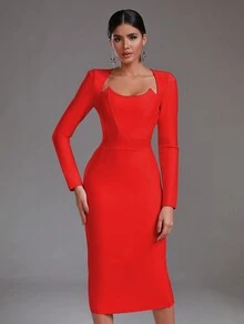 Modphy Đầm dự tiệc bodycon tay dài xẻ lưng trơn màu - Đỏ - Xem 5