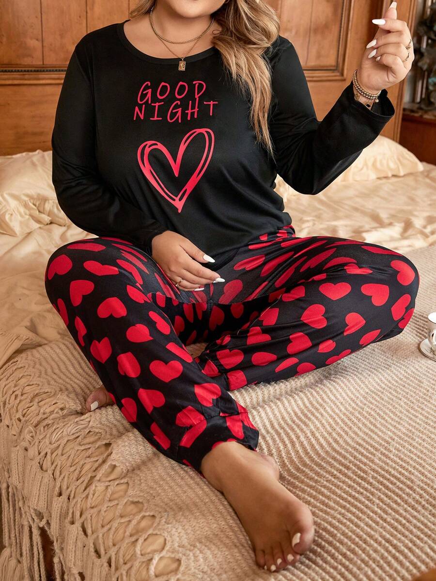 SHEIN Plus Heart & Slogan Graphic PJ Set / Pajama Set  Cozy And Elegant Details, Fall Winter Clothes Outfit - Red - View 1