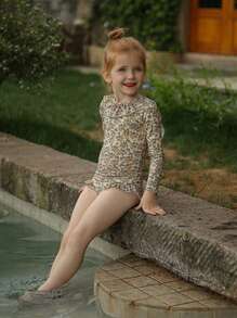 Young Girl Ditsy Floral Print Ruffle Trim One Piece Swimsuit - Multicolor - View 4