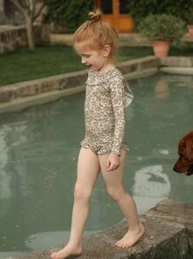 Young Girl Ditsy Floral Print Ruffle Trim One Piece Swimsuit - Multicolor - View 2