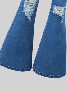 SHEIN Quần jeans nữ tuổi teen phong cách Y2K Boho, cạp điều chỉnh được, rách, co giãn, ống rộng. - Rửa trung bình - Xem 3