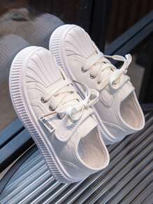 Zapatos Deportivos Para Niños, Zapatos De Lona De Moda, Tenis Casuales Para Exterior Blancos Con Cordones - Blanco - Ver 1