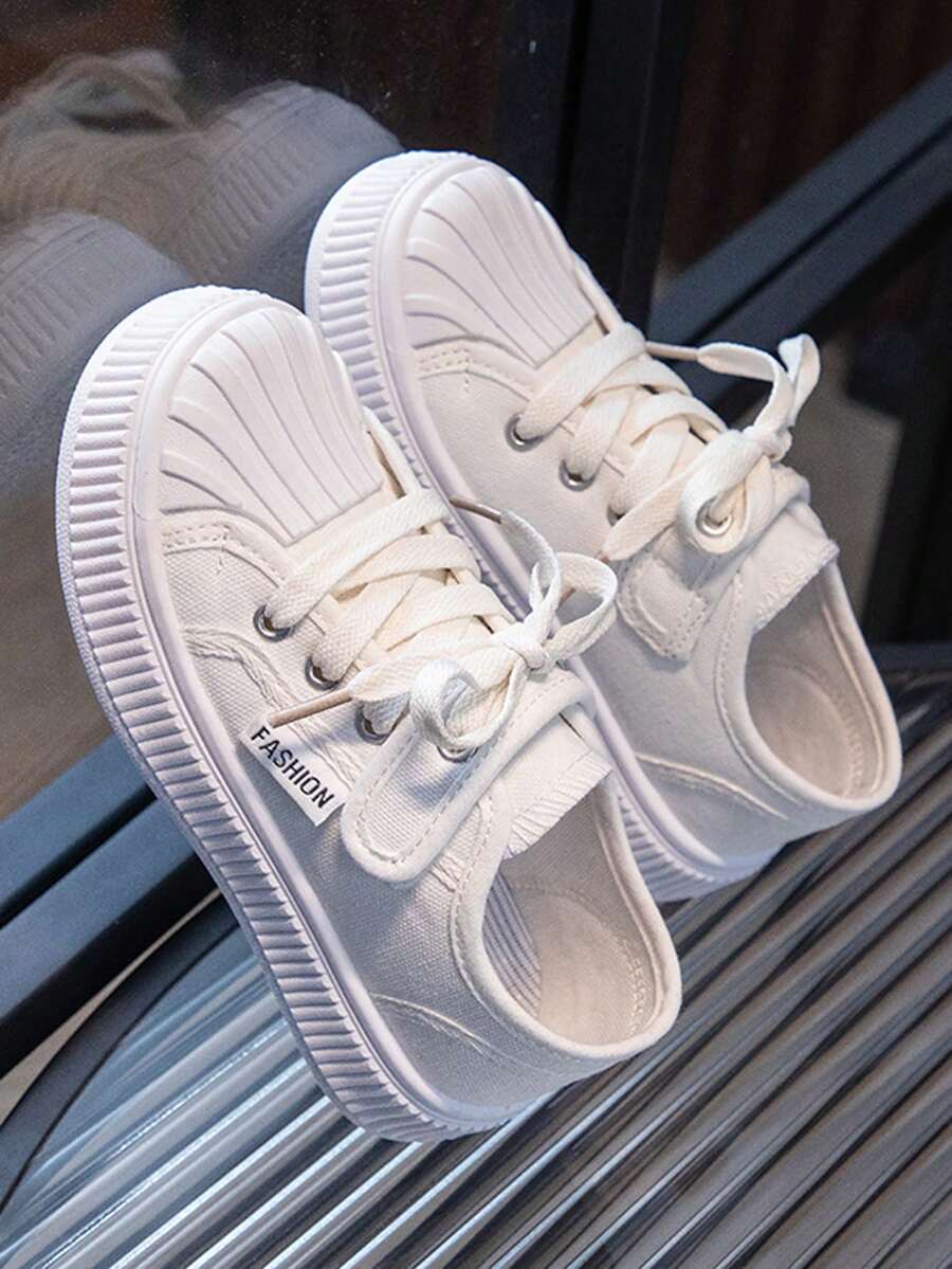 Zapatos Deportivos Para Niños, Zapatos De Lona De Moda, Tenis Casuales Para Exterior Blancos Con Cordones - Blanco - Ver 1