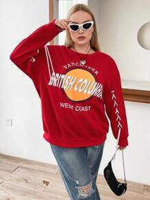 Flirla Plus Letter Graphic Drop Shoulder Sweatshirt Pullover Fall Sweatshirt - Red - View 6