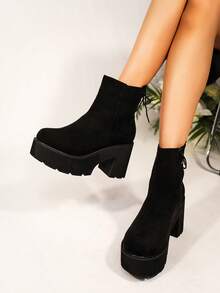 Botines de mujeres elegante invierno negro tacón alto con cremallera cierre , trasero con tira detalle , tacón cuadrado & grueso suela - Negro - Ver 2