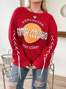 Flirla Plus Letter Graphic Drop Shoulder Sweatshirt Pullover Fall Sweatshirt - Red - View 5
