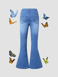 口袋 破洞 拉鍊純色女童（大）牛仔褲 - 深色水洗藍 - 查看 2