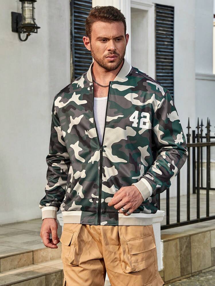 Men Plus Camo Print Bomber Jacket