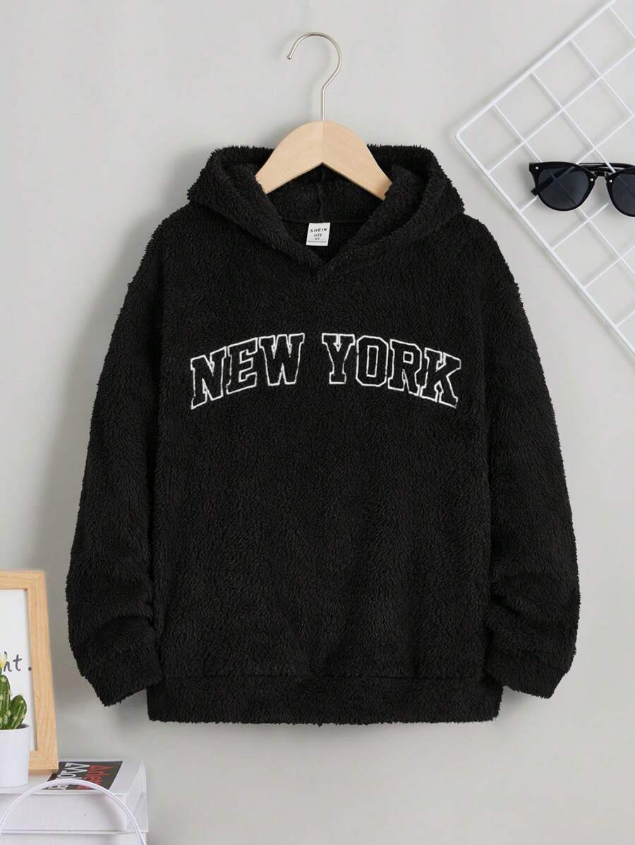 SHEIN Sweatshirt Kasual Bordir Huruf untuk Anak Laki-laki Remaja, Musim Gugur/Dingin, Atasan Hitam - Hitam - View 1