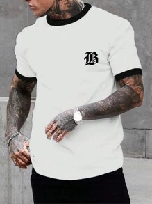 Manfinity Joysei 男士字母图案撞色边饰短袖 Ringer T 恤，适合男朋友外出时佩戴 - 白色 - 查看 6