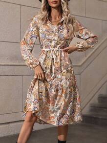 Paisley Print Lantern Sleeve Ruffle Hem Belted Shirt Dress - Multicolor - View 1