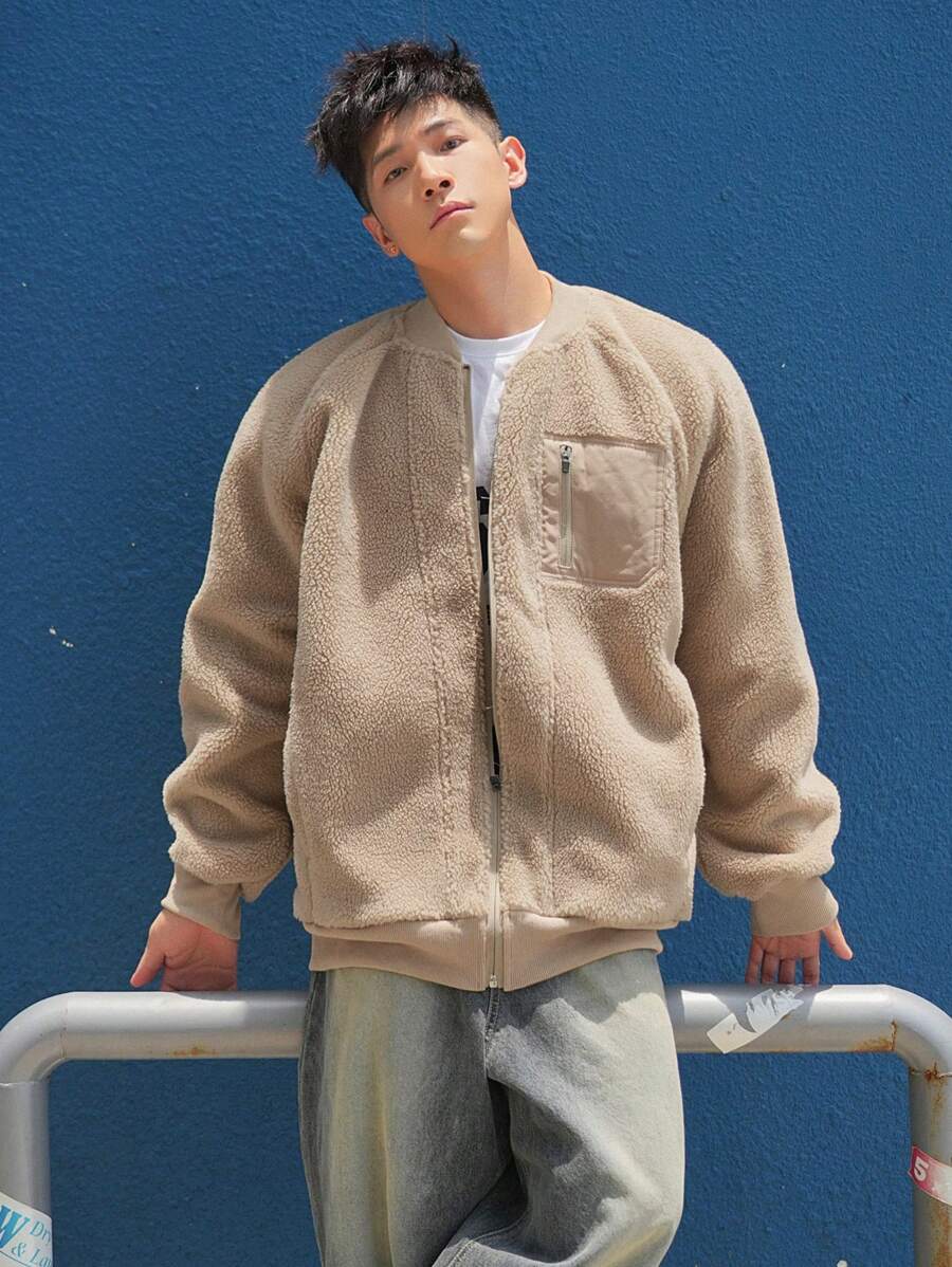 DAZY 男士拉鍊插肩袖泰迪飛行員夾克 - 杏色 - 查看 1