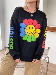 Flirla 大碼花卉和字母圖案落肩袖運動衫 - 黑色 - 查看 3