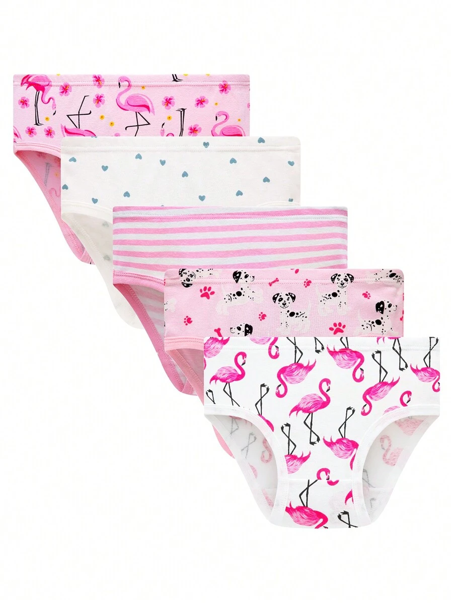 5 chiếc/gói quần lót tam giác cho bé gái tuổi mới lớn, quần lót thoáng khí in họa tiết sọc hồng hạc hoạt hình dễ thương - Nhiều màu - Xem 1