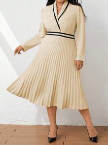 SHEIN Clasi Plus Contrast Trim Pleated Hem Dress - Apricot - View 7