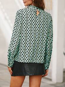 Allover Print Mock Neck Blouse - Green - View 2