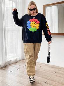 Flirla 大碼花卉和字母圖案落肩袖運動衫 - 黑色 - 查看 5