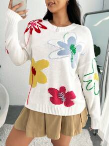 SHEIN EZwear Hơn Mô hình hoa Thả vai Áo len - trắng - Xem 1