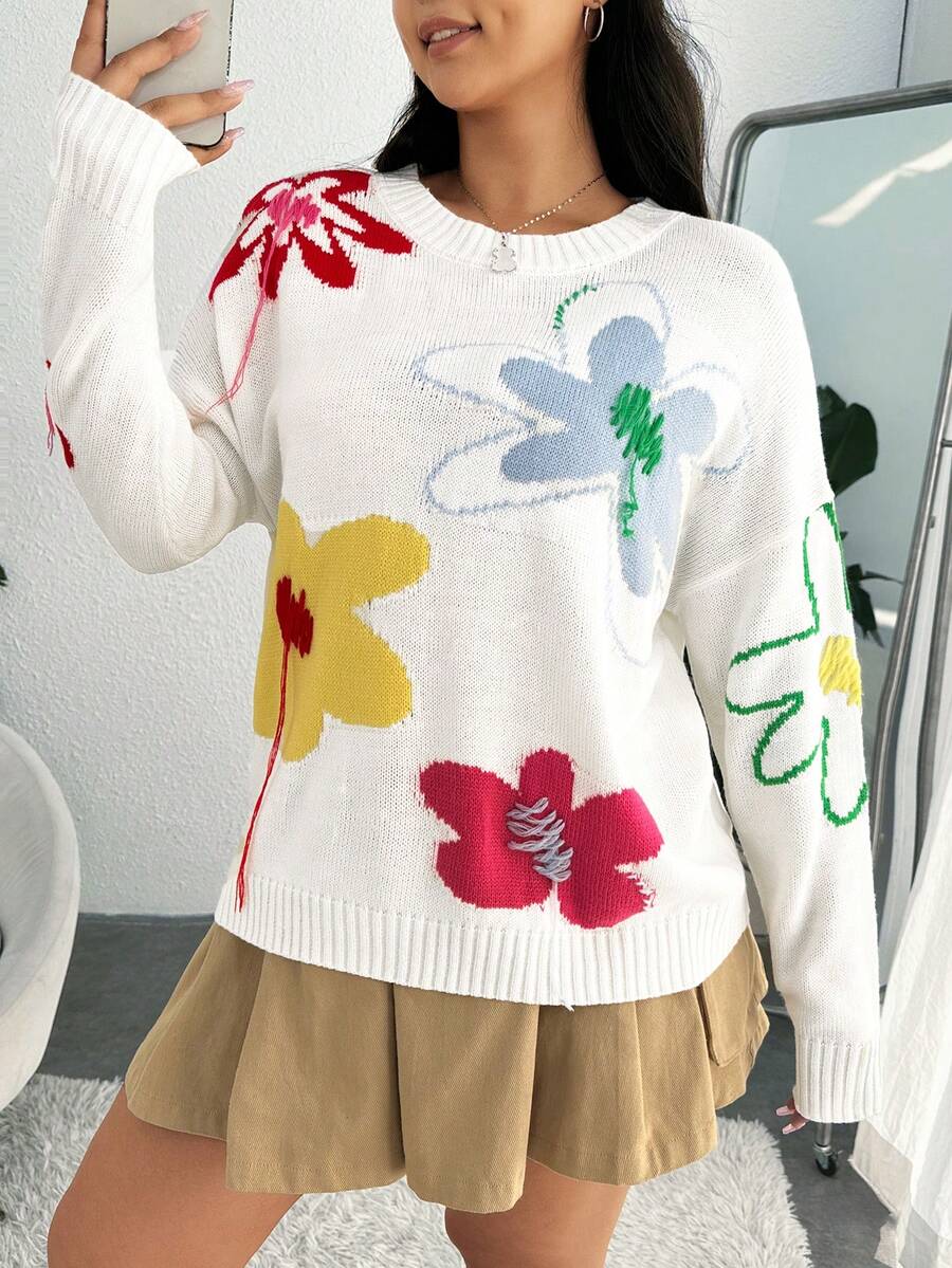 SHEIN EZwear Hơn Mô hình hoa Thả vai Áo len - trắng - Xem 1