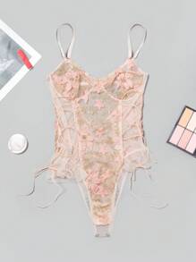 Floral Embroidery Mesh Underwire Teddy Bodysuit - Multicolor - View 1