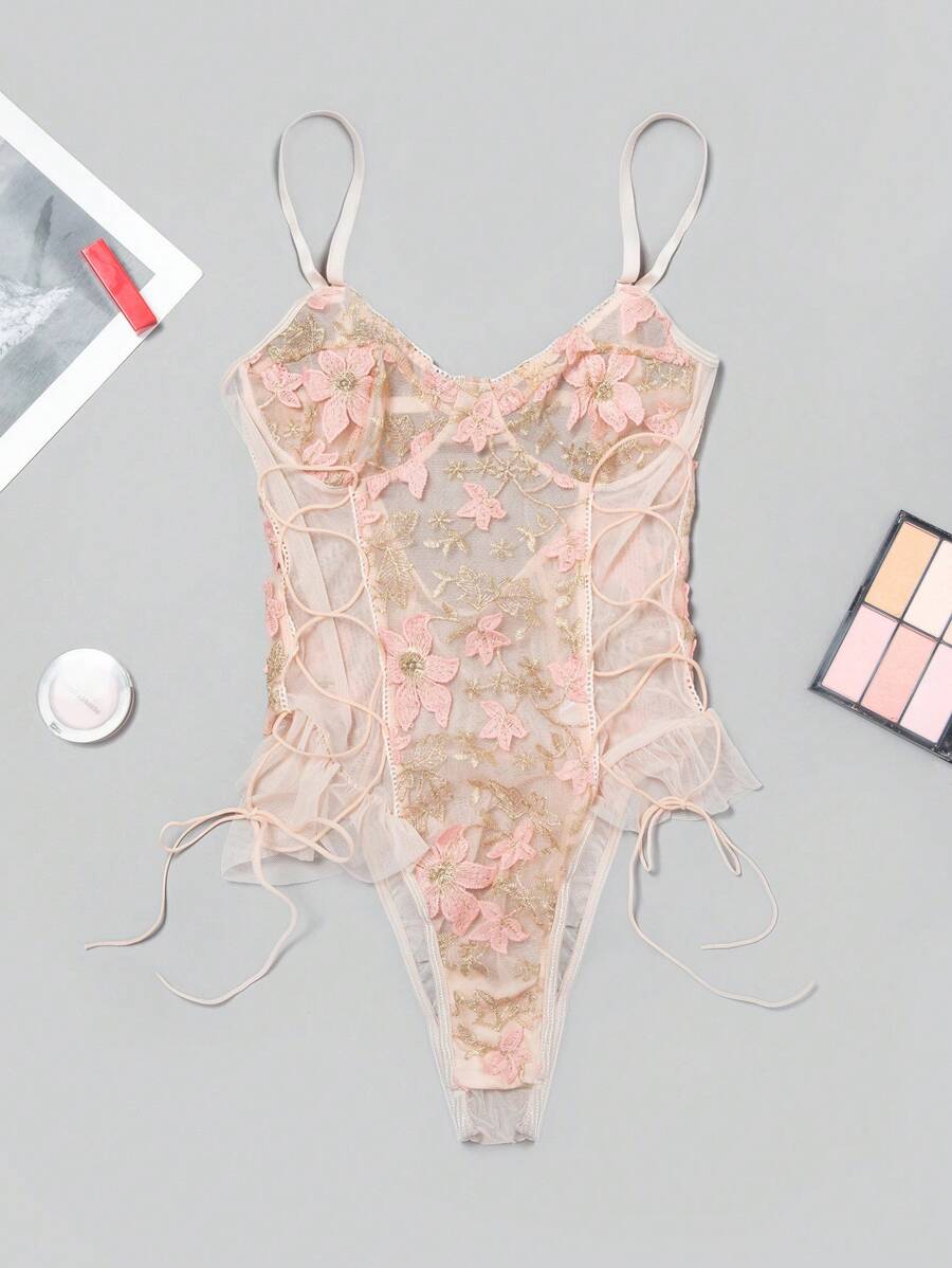 Floral Embroidery Mesh Underwire Teddy Bodysuit - Multicolor - View 1