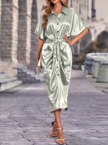 SHEIN Clasi Batwing Sleeve Ruched Button Front Satin Shirt Dress - Silver - View 1