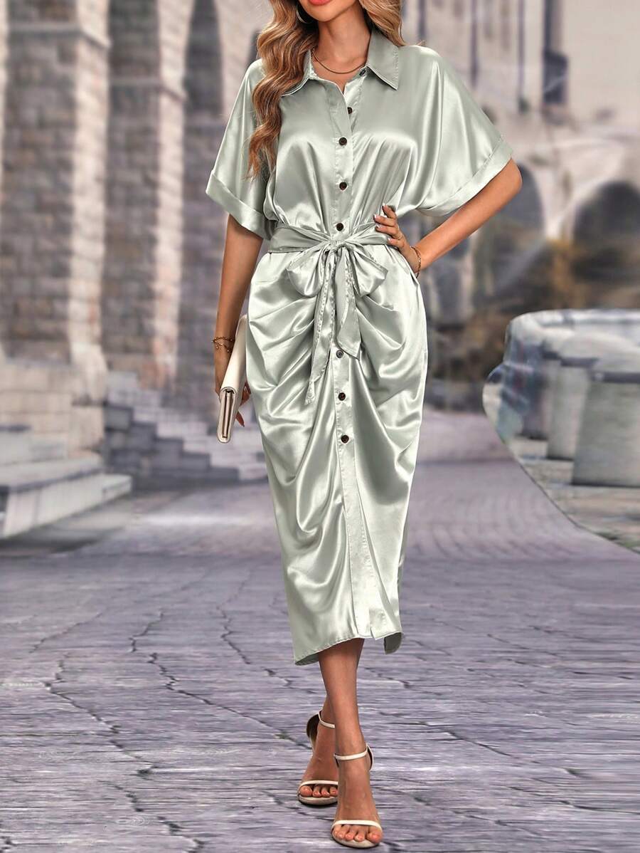 SHEIN Clasi Batwing Sleeve Ruched Button Front Satin Shirt Dress - Silver - View 1