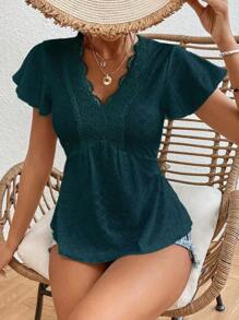 SHEIN Frenchy Áo sơ mi nữ Viên lá sen Tương phản ren Sò điệp màu trơn Boho - Màu xanh lá cây đậm - Xem 5