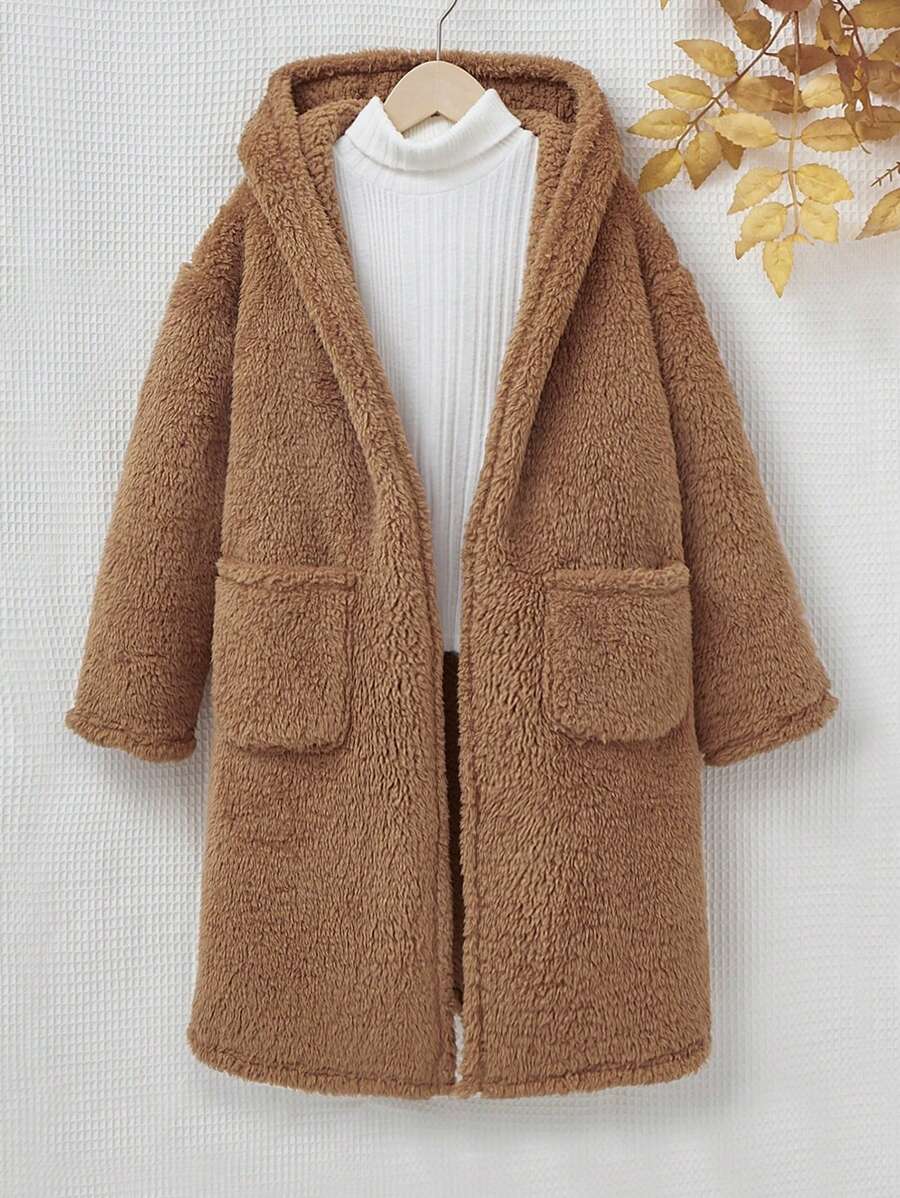 SHEIN Tween Girl 1pc Dual Pocket Hooded Teddy Coat - Brown - View 1