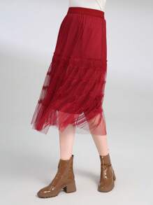 Dobby Mesh Overlay Skirt - Burgundy - View 1