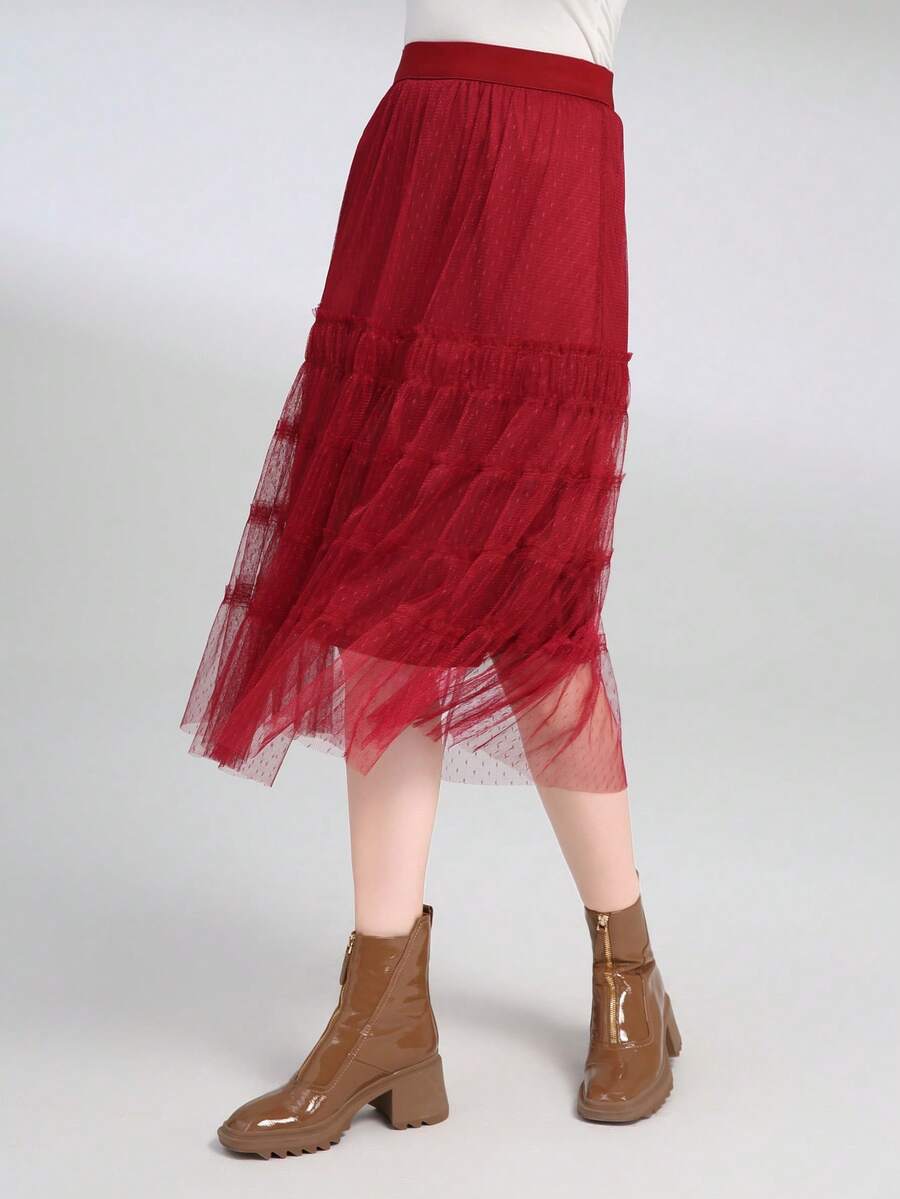 Dobby Mesh Overlay Skirt - Burgundy - View 1