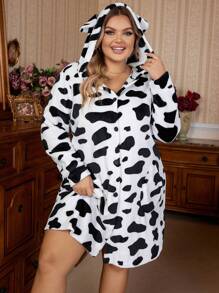 Hơn Hình con bò Thiết kế tai 3D áo có mũ Flannel ÁO choàng mặc nhà - Đen và trắng - Xem 1