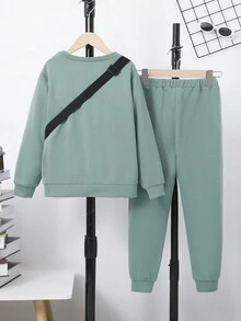 SHEIN Bộ 3 món Áo nỉ cổ tròn cơ bản thường ngày cho bé trai + Quần dài cơ bản + Túi đeo chéo có khóa kéo, Chất liệu nỉ dày dặn - Màu xanh Bạc hà - Xem 3