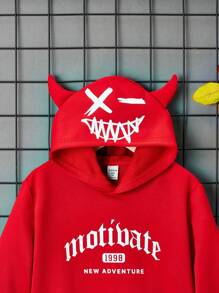 SHEIN 男大童字母圖案3D耳朵設計連帽衫