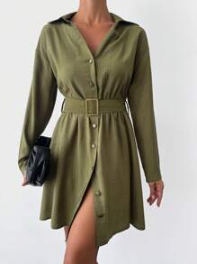 EURMUSE Drop Shoulder Belted Shirt Dress - Army Green - View 1